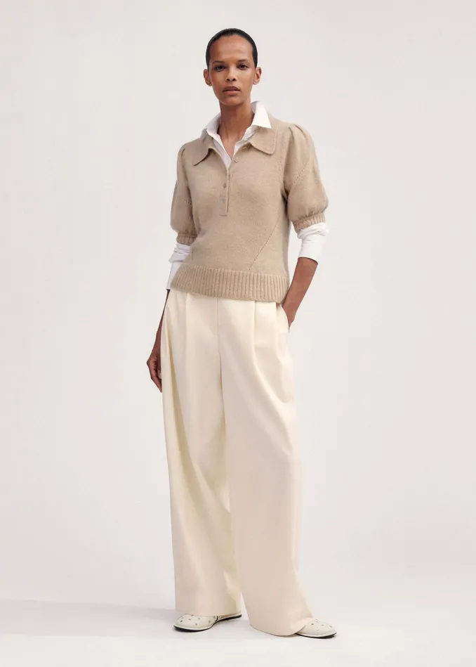 Women Merino Cashmere Silk Pouf Sleeve Tee Oatmeal MEEM