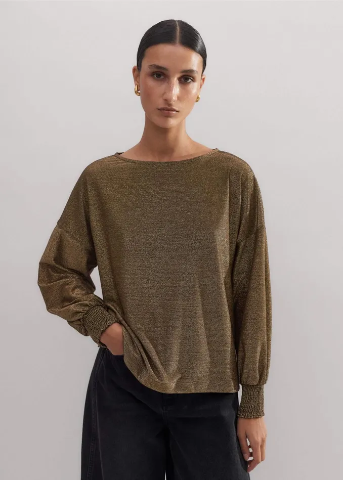 Women Metallic Oversized Balloon Sleeve Top Gold MEEM