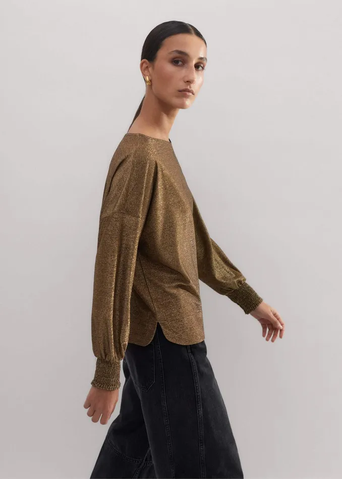Women Metallic Oversized Balloon Sleeve Top Gold MEEM
