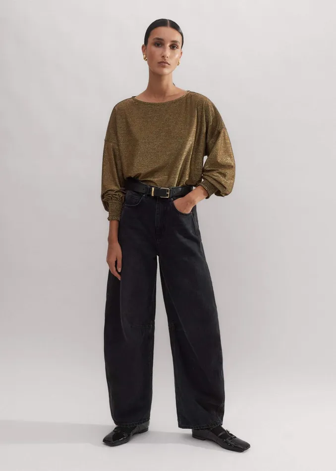 Women Metallic Oversized Balloon Sleeve Top Gold MEEM