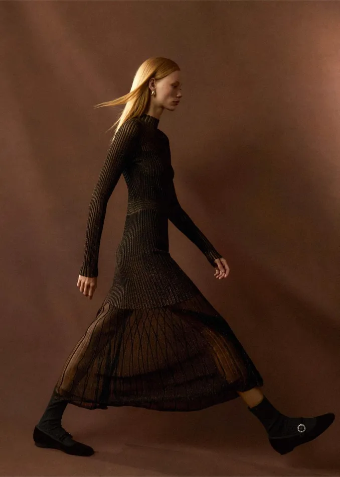 Women Metallic Pointelle Knit Maxi Dress Bronzedouble Espresso MEEM