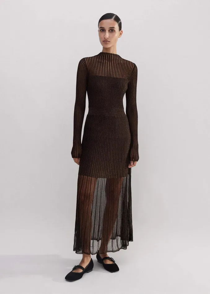 Women Metallic Pointelle Knit Maxi Dress Bronzedouble Espresso MEEM