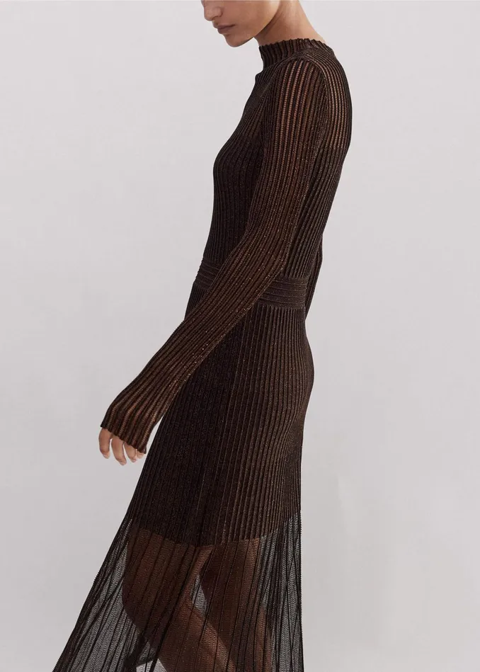 Women Metallic Pointelle Knit Maxi Dress Bronzedouble Espresso MEEM