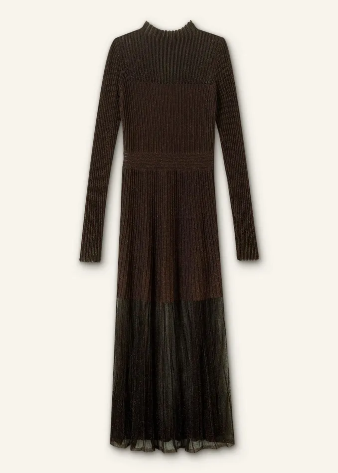 Women Metallic Pointelle Knit Maxi Dress Bronzedouble Espresso MEEM