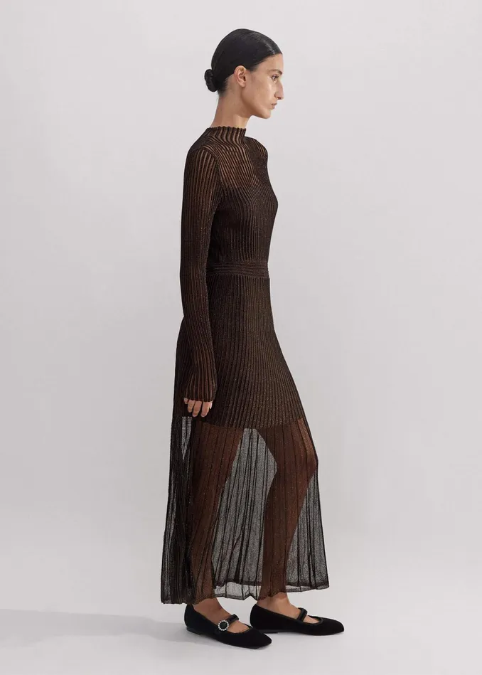 Women Metallic Pointelle Knit Maxi Dress Bronzedouble Espresso MEEM