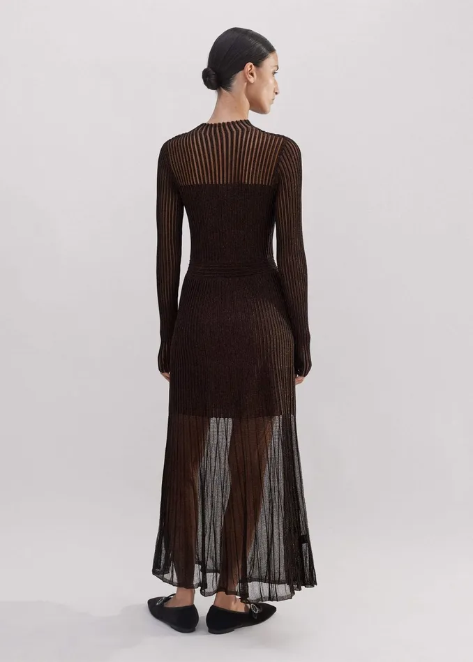 Women Metallic Pointelle Knit Maxi Dress Bronzedouble Espresso MEEM