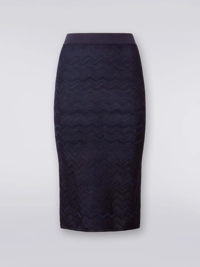Women Midi Skirt In Chevron Wool And Viscose Dark Blue Missoni Skirts