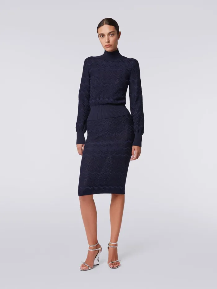 Women Midi Skirt In Chevron Wool And Viscose Dark Blue Missoni Skirts
