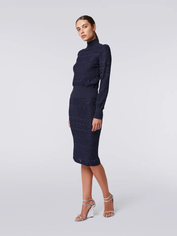 Women Midi Skirt In Chevron Wool And Viscose Dark Blue Missoni Skirts