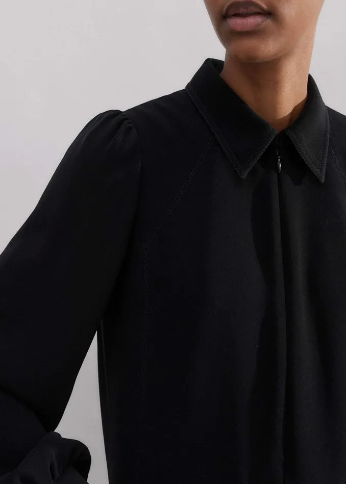 Women Modern Twill Pleated Short Swing Dress Black MEEM