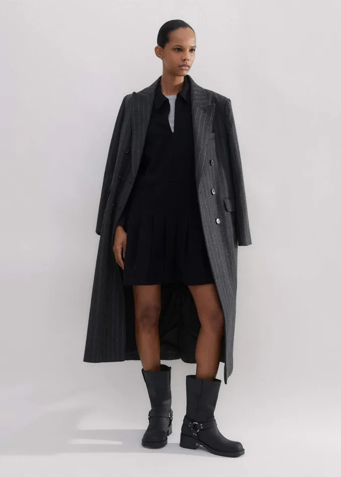 Women Modern Twill Pleated Short Swing Dress Black MEEM