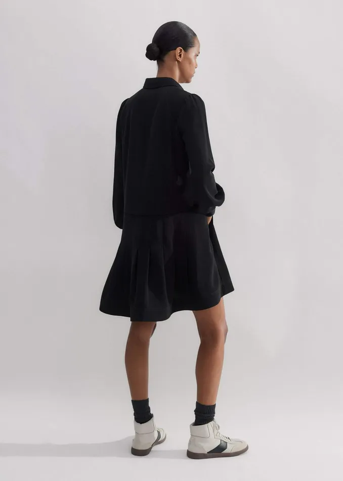 Women Modern Twill Pleated Short Swing Dress Black MEEM