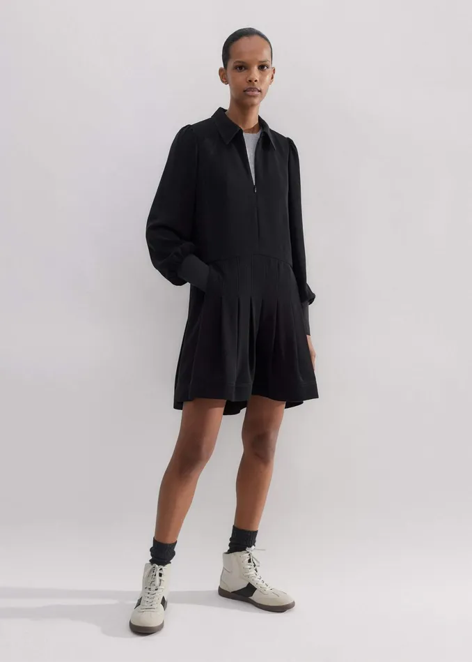 Women Modern Twill Pleated Short Swing Dress Black MEEM
