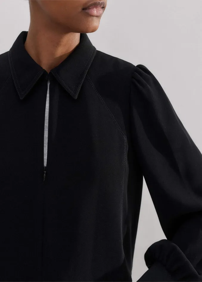 Women Modern Twill Pleated Short Swing Dress Black MEEM