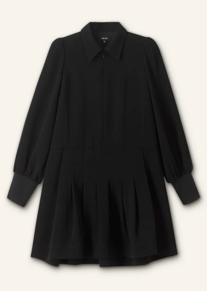 Women Modern Twill Pleated Short Swing Dress Black MEEM