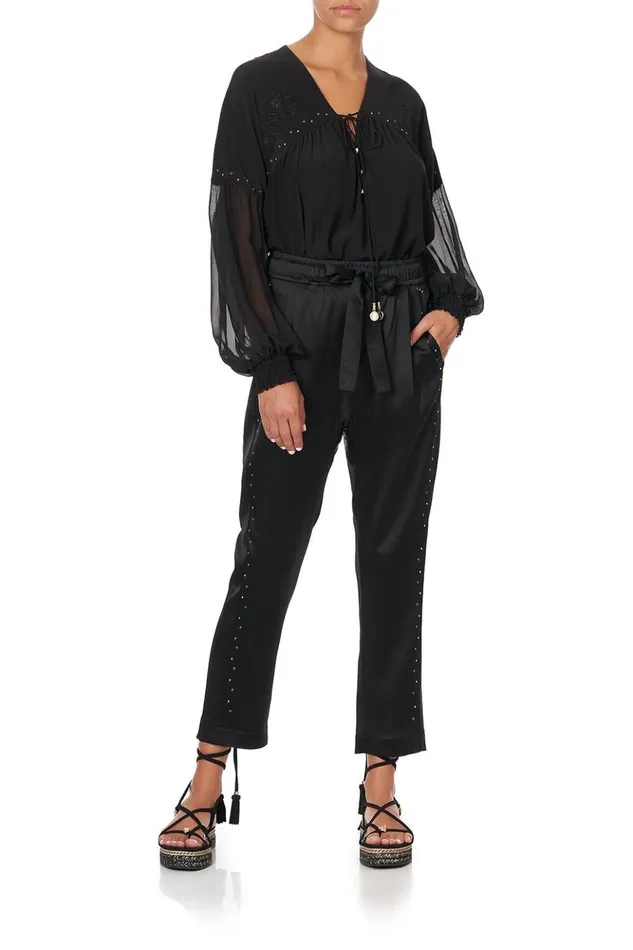 Women Modest Clothing Camilla Blouson Blouse With Neck Tie Solid Black
