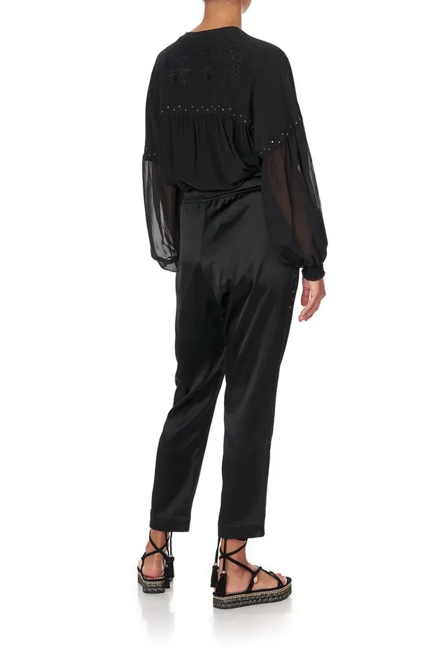 Women Modest Clothing Camilla Blouson Blouse With Neck Tie Solid Black