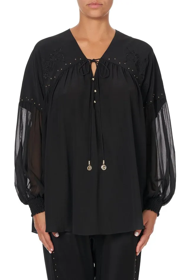Women Modest Clothing Camilla Blouson Blouse With Neck Tie Solid Black