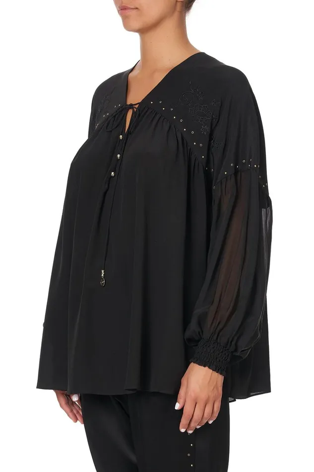 Women Modest Clothing Camilla Blouson Blouse With Neck Tie Solid Black