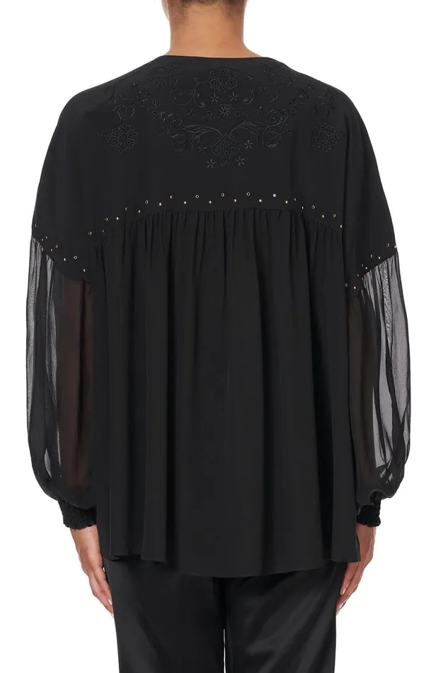 Women Modest Clothing Camilla Blouson Blouse With Neck Tie Solid Black