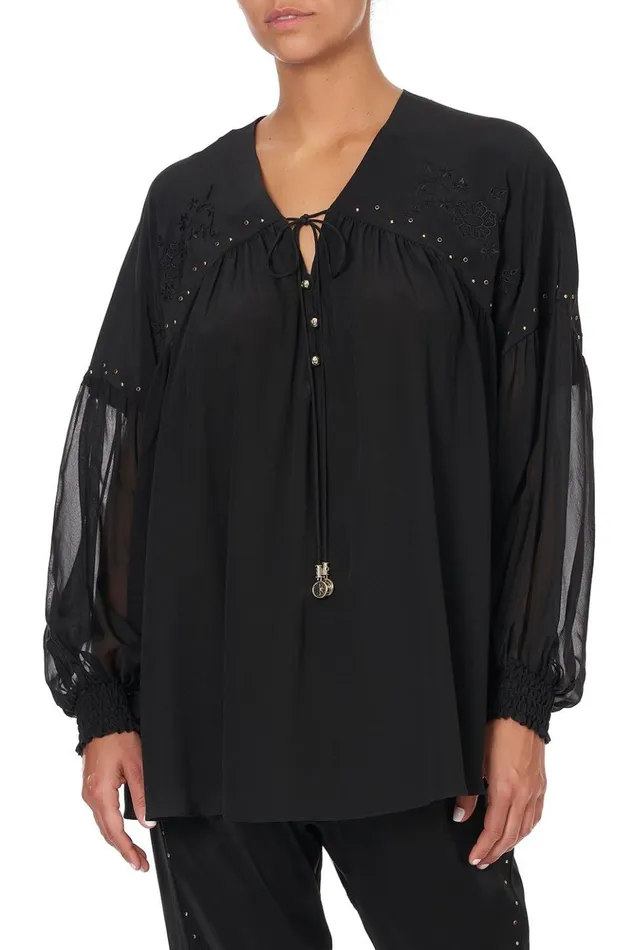 Women Modest Clothing Camilla Blouson Blouse With Neck Tie Solid Black