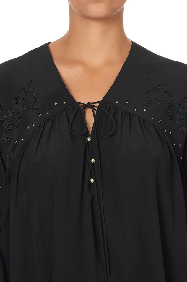 Women Modest Clothing Camilla Blouson Blouse With Neck Tie Solid Black