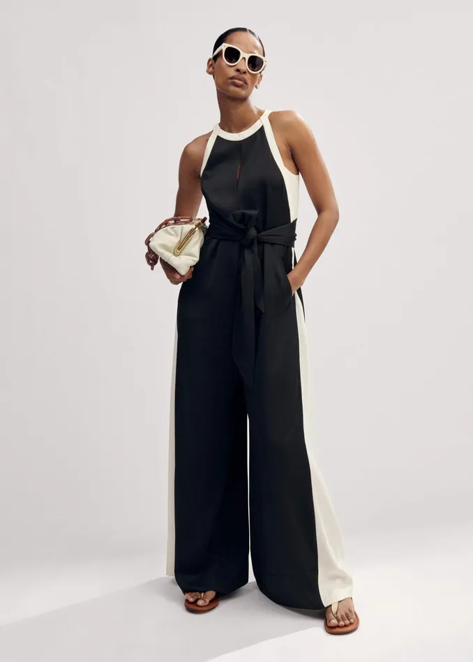 Women Monochrome Halterneck Jumpsuit Belt Blackcream MEEM