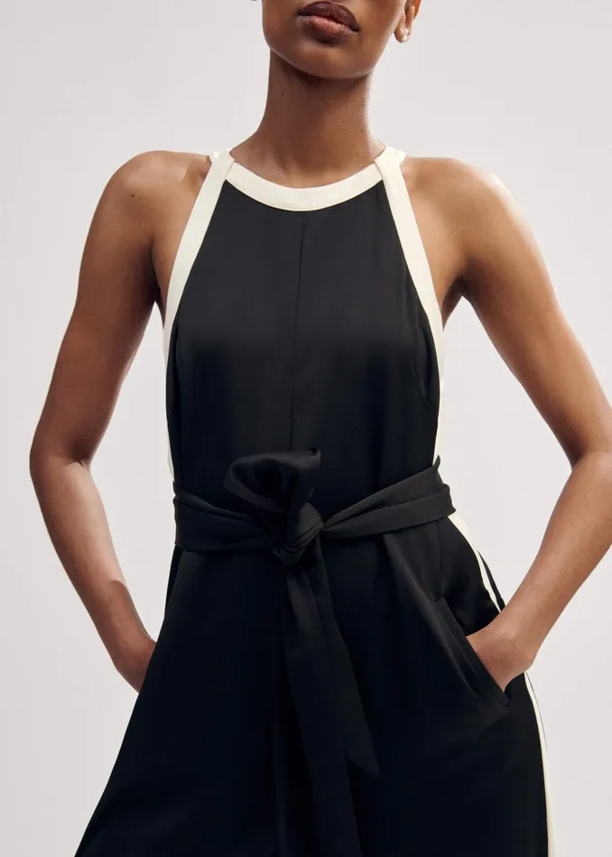 Women Monochrome Halterneck Jumpsuit Belt Blackcream MEEM