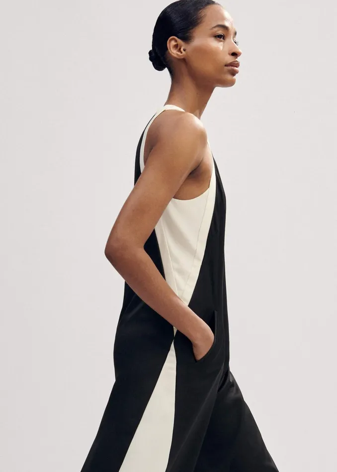 Women Monochrome Halterneck Jumpsuit Belt Blackcream MEEM