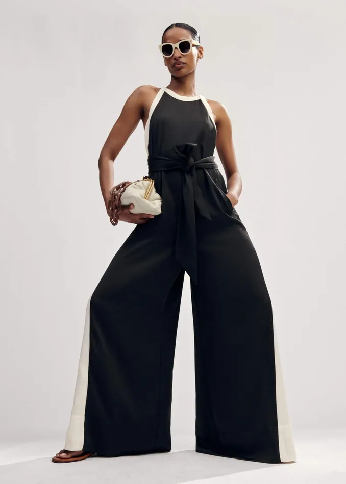 Women Monochrome Halterneck Jumpsuit Belt Blackcream MEEM