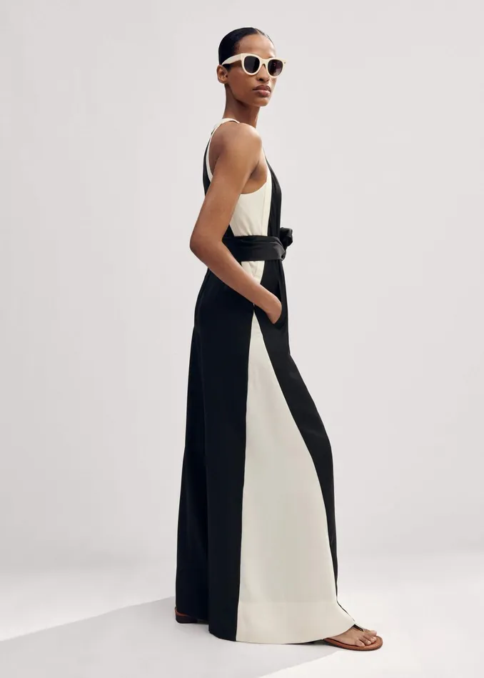 Women Monochrome Halterneck Jumpsuit Belt Blackcream MEEM