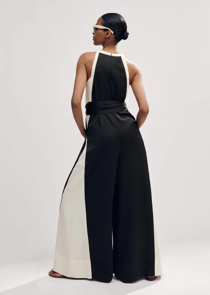 Women Monochrome Halterneck Jumpsuit Belt Blackcream MEEM