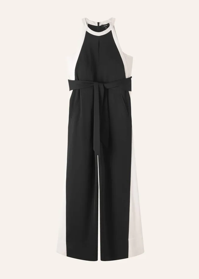 Women Monochrome Halterneck Jumpsuit Belt Blackcream MEEM