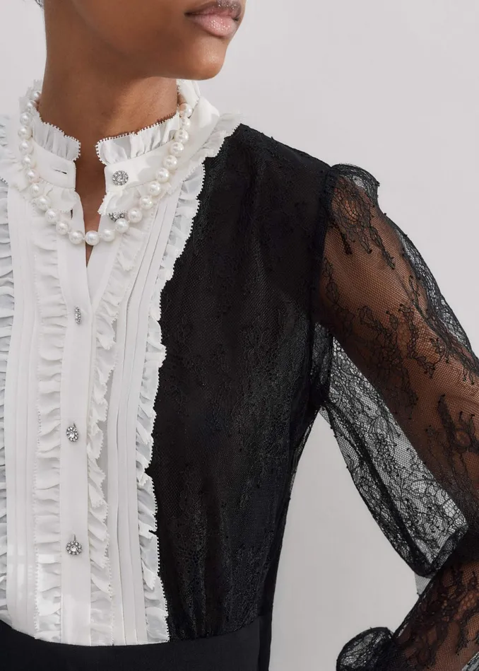 Women Monochrome Lace Detail Mini Dress Blackcream MEEM