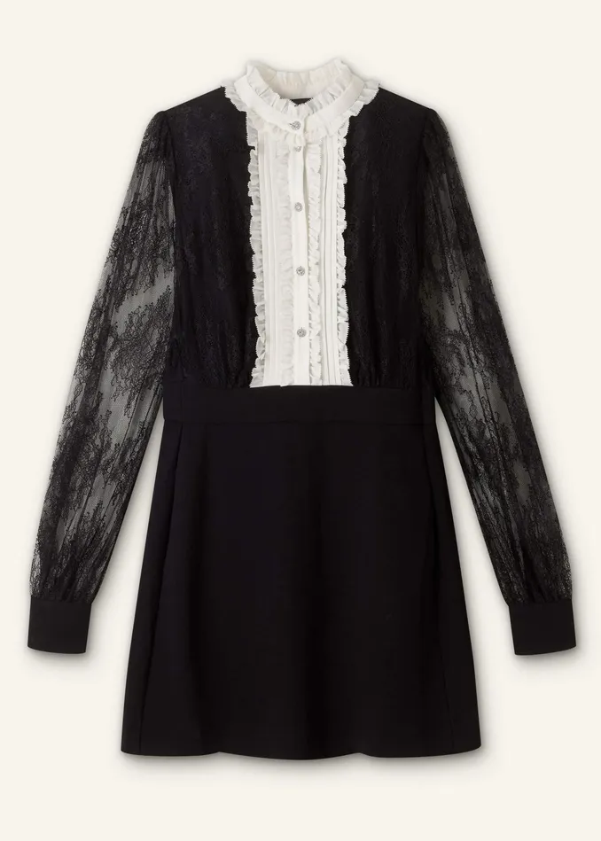 Women Monochrome Lace Detail Mini Dress Blackcream MEEM