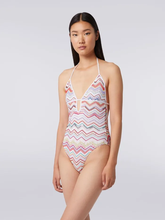 Women OnePiece Swimming Costume In Zigzag Crochet With Lurex Multicoloured Missoni Swimsuits