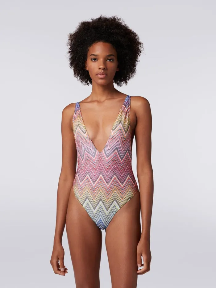 Women OnePiece Swimming Costume In Zigzag Print Fabric Multicoloured Missoni Swimsuits