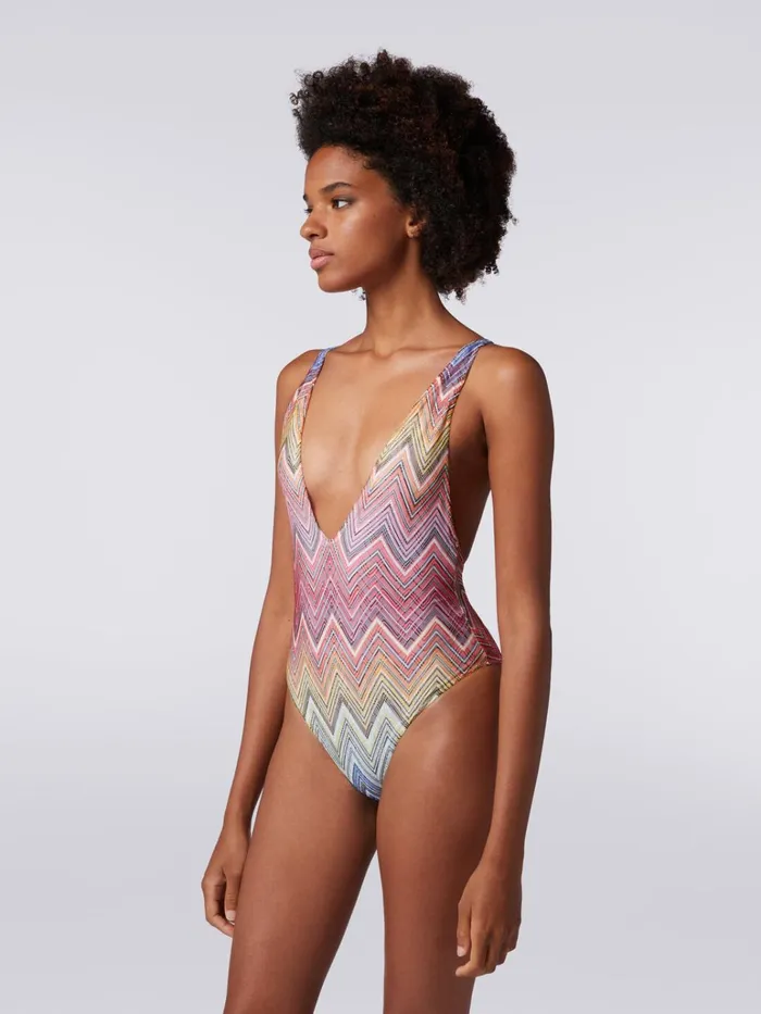 Women OnePiece Swimming Costume In Zigzag Print Fabric Multicoloured Missoni Swimsuits