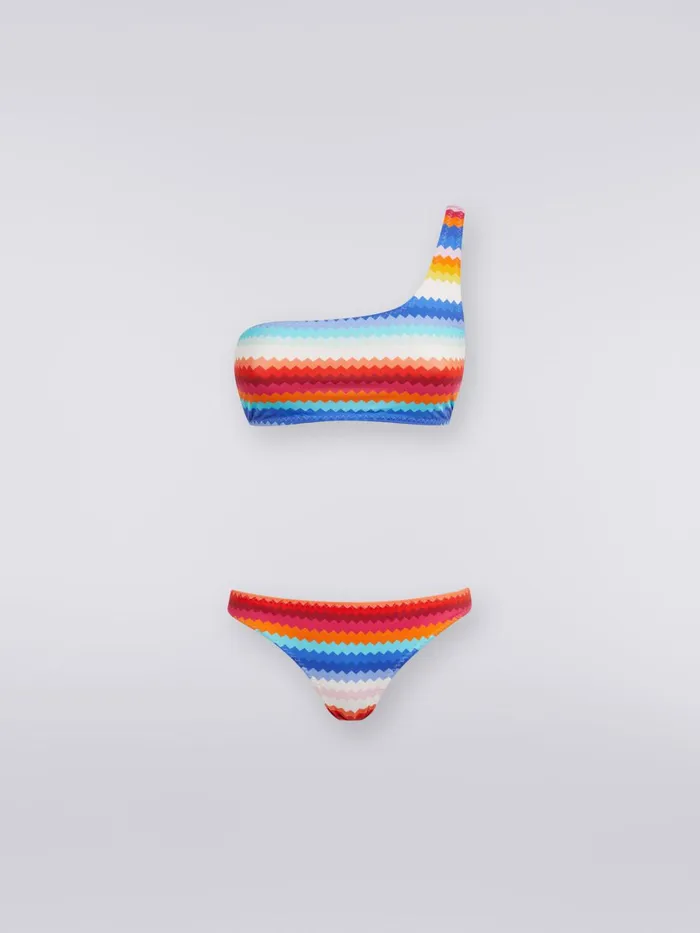 Women OneShoulder Bikini In Zigzag Print Stretch Nylon Multicoloured Missoni Swimsuits