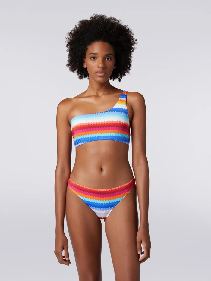 Women OneShoulder Bikini In Zigzag Print Stretch Nylon Multicoloured Missoni Swimsuits
