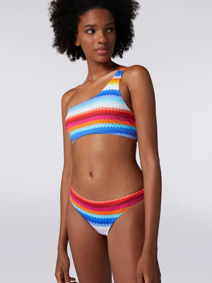 Women OneShoulder Bikini In Zigzag Print Stretch Nylon Multicoloured Missoni Swimsuits