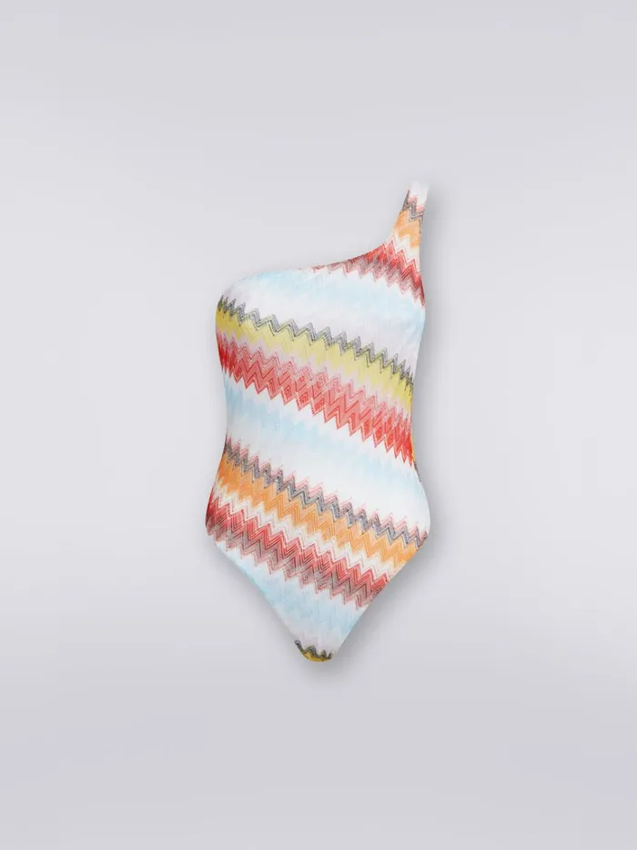 Women OneShoulder Swimming Costume In Multicoloured Zigzag Knit Multicoloured Missoni Swimsuits