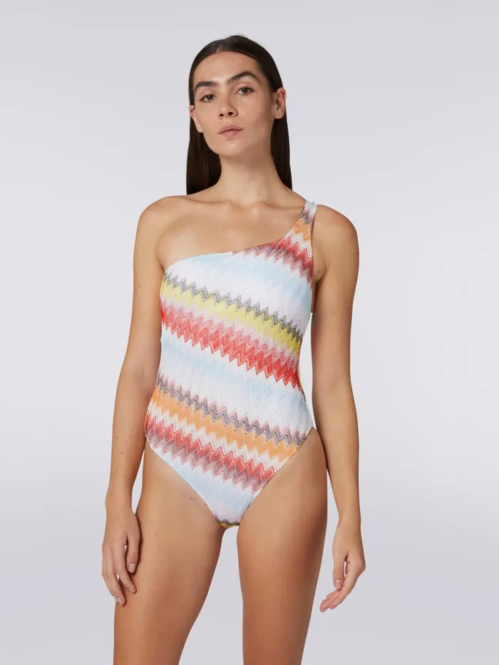 Women OneShoulder Swimming Costume In Multicoloured Zigzag Knit Multicoloured Missoni Swimsuits