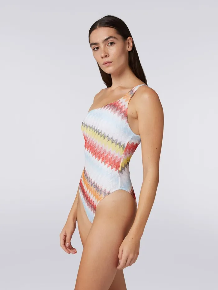 Women OneShoulder Swimming Costume In Multicoloured Zigzag Knit Multicoloured Missoni Swimsuits