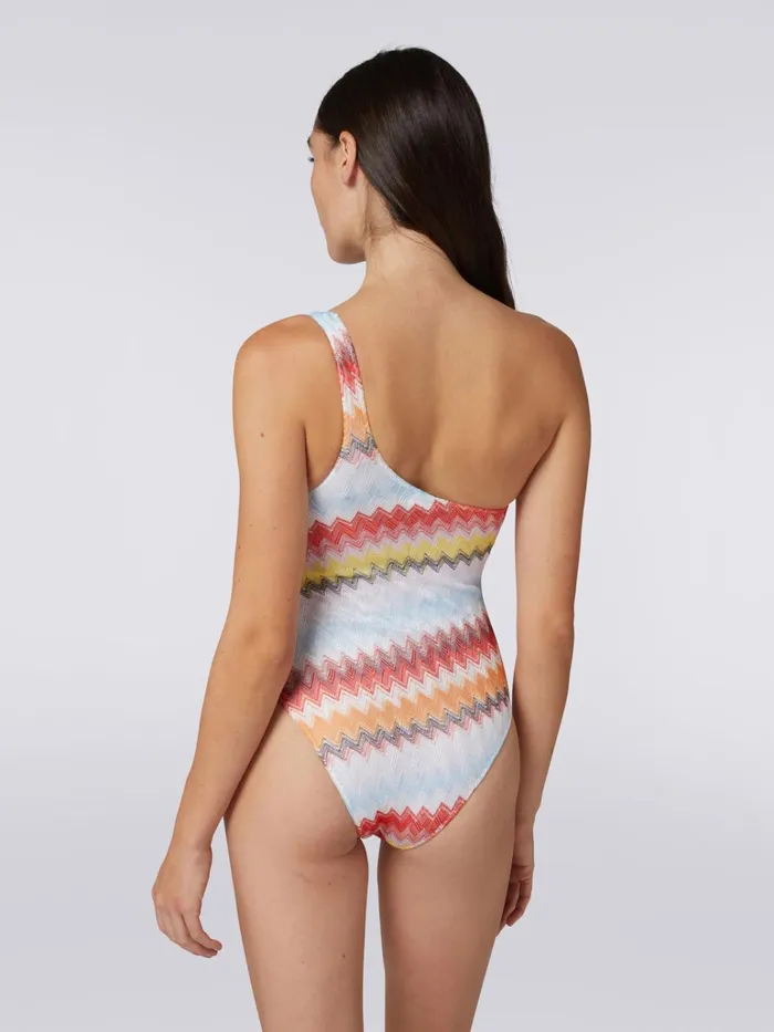 Women OneShoulder Swimming Costume In Multicoloured Zigzag Knit Multicoloured Missoni Swimsuits
