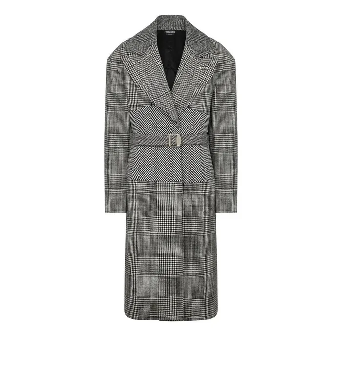 Women Outerwear Tom Ford Wool Patchwork Belted Coat Black Chalk