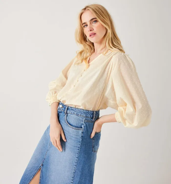 Women Plumetis Cotton Shirt 8211 Ecru Promod Shirts And Tunics