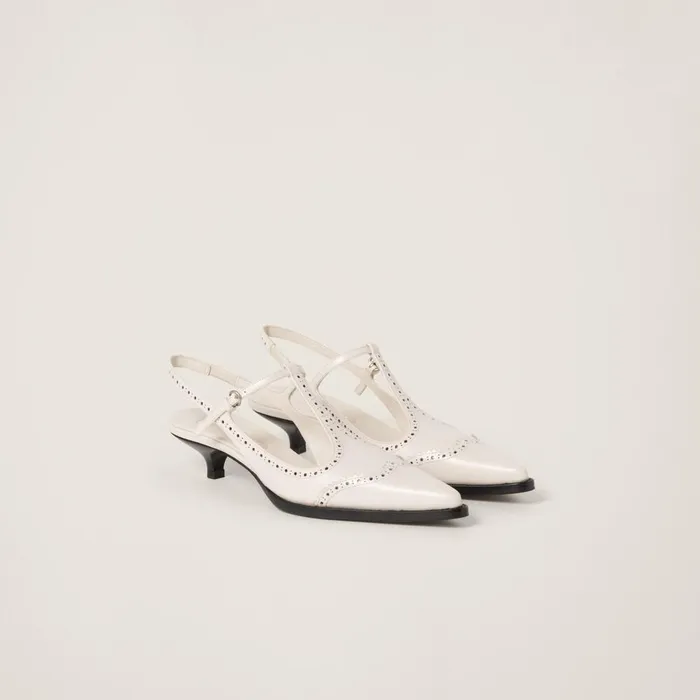 Women Pumps Miu Miu Brushed Leather Brogue Slingback Tstrap Pumps Ivoryblack