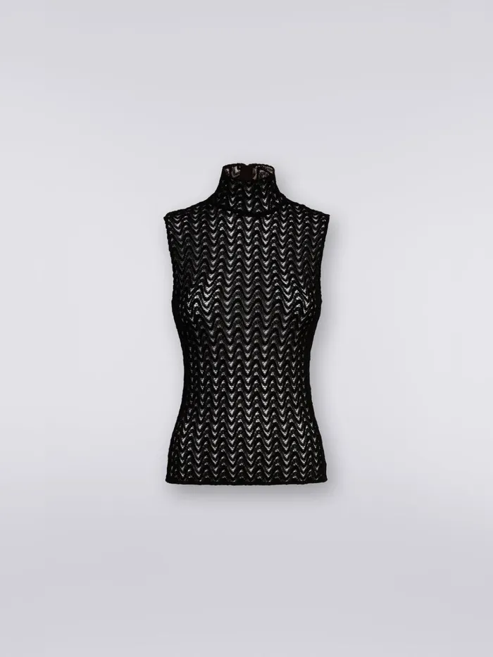 Women Raschel Knit Wool And Viscose Sleeveless Top Black Missoni Tshirts And Tops
