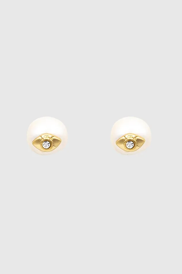 Women Rebecca Minkoff Jewelry Evil Eye Pearl Stud Earring Shiny Gold